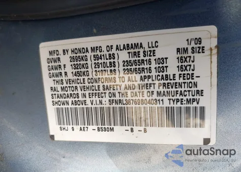 2009 Honda Odyssey Ex-L z USA, uszkodzony, nr VIN 5FNRL38769B040311